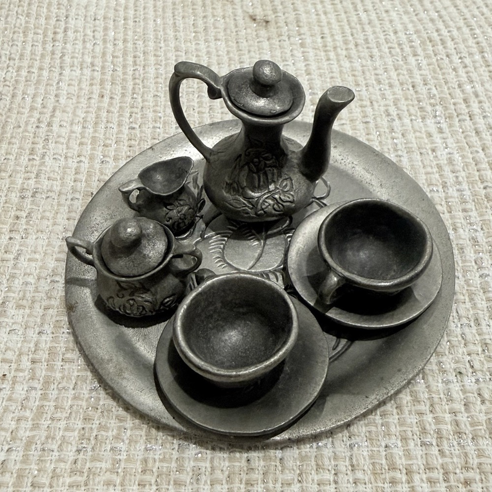 VTG‎ Dollhouse Miniature 10 Piece Coffee Service Tea Set Pewter Royalty